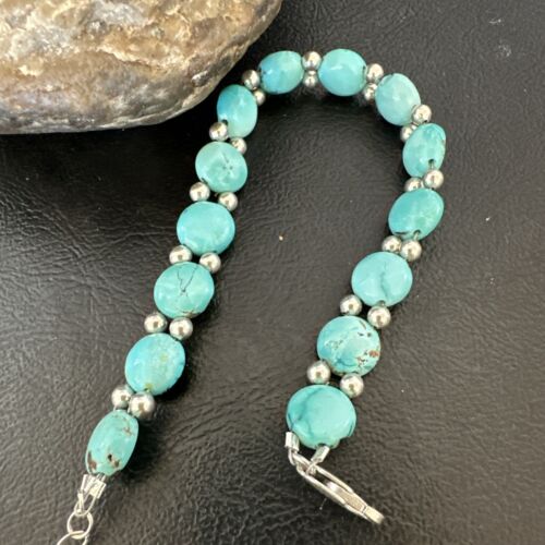 Women's Blue Turquoise Bead Bracelet | Southwestern Sterling Silver Link | 8" | 17233