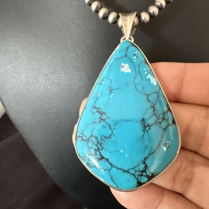 Men's Navajo Blue Spiderweb Turquoise Pendant Necklace | Sterling Silver | Authentic Native American Handmade | 16207