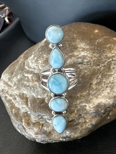 Navajo Blue Larimar Cluster Ring | Authentic Native American Sterling Silver | Multi-Stone | Sz 7.5 | 15943