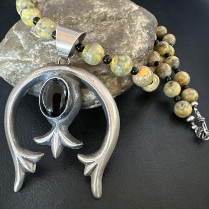 Men's Black Onyx Naja Pendant | Navajo Bumblebee Sterling Silver Necklace | Authentic Native American Handmade | 16092 - Masha USA