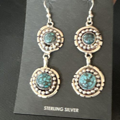 Navajo Blue Spiderweb Turquoise Dangle Earrings | Sterling Silver | Authentic Native American Handmade | 16010 - Masha USA