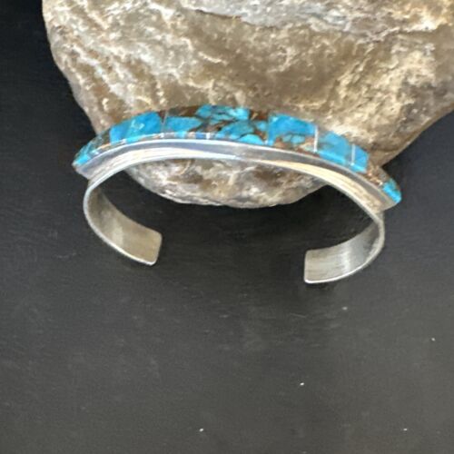 Navajo Men's Blue Mojave Turquoise Inlay Bracelet | Sterling Silver | Authentic Native American Handmade | 15064