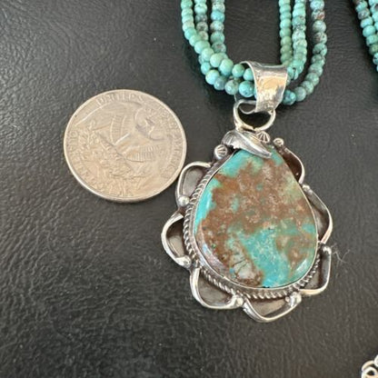 Navajo Blue Turquoise Pendant | Sterling Silver 3-Strand Bead Necklace | 17" | Authentic Native American Handmade | 15995