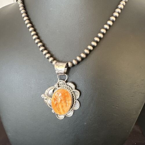 Navajo Orange Spiny Oyster Pendant Necklace | Sterling Silver Pearls | Authentic Native American Handmade | 16554