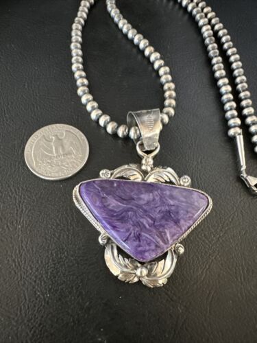 Navajo Pearls Necklace with Purple Charoite Pendant | Sterling Silver | Authentic Native American Handmade | 14883