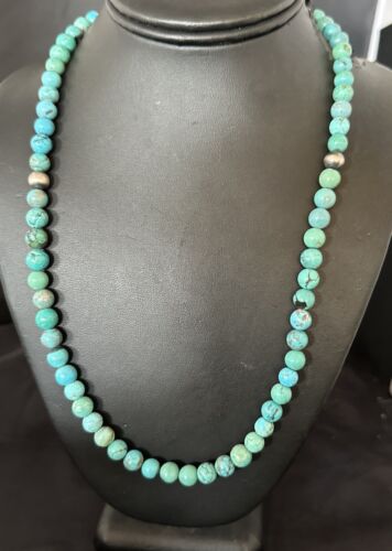 Navajo Blue Turquoise Necklace | Sterling Silver Pearls | 22" | Authentic Native American Handmade | 16951