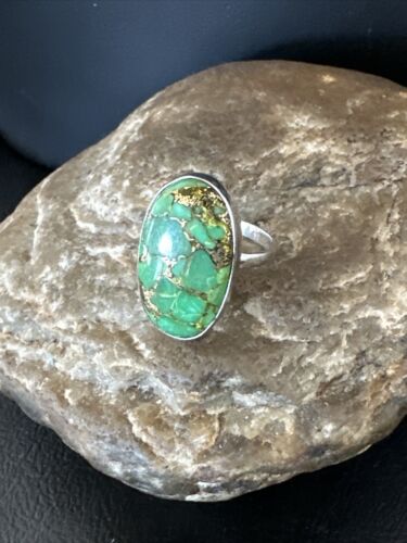 Navajo Green Mojave Turquoise Ring | Sterling Silver | Sz 8 | Authentic Native American Handmade | 15589