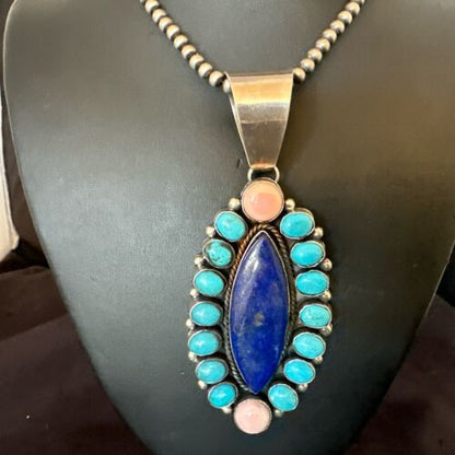 Navajo Multi-Stone Necklace | Lapis, Pink, Blue Turquoise | Sterling Silver | Authentic Native American Handmade | 17455