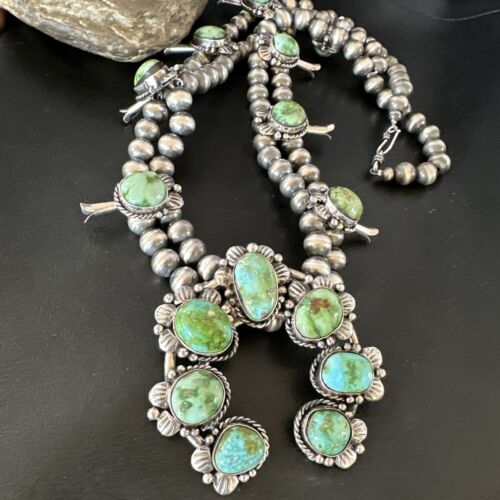 Navajo Green Sonoran Gold Turquoise Squash Blossom Necklace Pendant | Sterling Silver | Native American Handmade | 16546