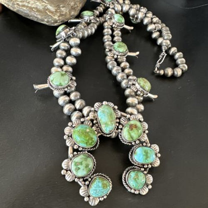 Navajo Green Sonoran Gold Turquoise Squash Blossom Necklace Pendant | Sterling Silver | Native American Handmade | 16546