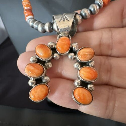 Navajo Pearls Orange Spiny Oyster Naja Pendant | Sterling Silver Necklace | Authentic Native American Handmade | 16804