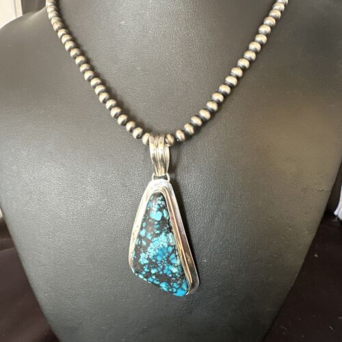 Men's Blue Spiderweb Turquoise Pendant Necklace | Navajo Sterling Silver | Authentic Native American Handmade | 14970