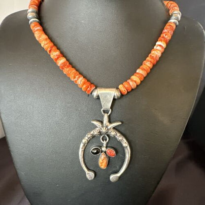Navajo Red Spiny Oyster Naja Pendant Necklace | Sterling Silver | 23" | Authentic Native American Handmade | 17660