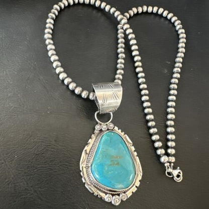 Navajo Pearls Kingman Turquoise Necklace | Sterling Silver | Authentic Native American Handmade | 17131