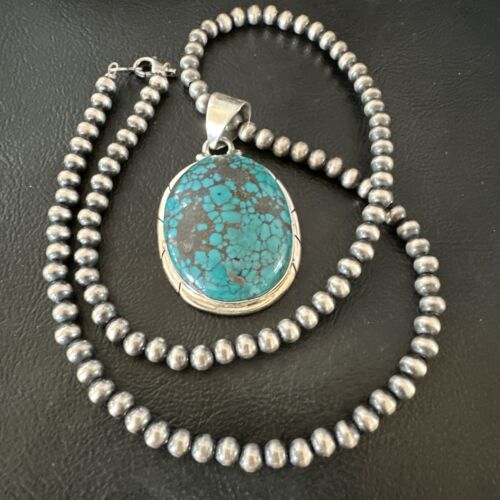Men's Navajo Blue Spiderweb Turquoise Pendant Necklace | Sterling Silver | Authentic Native American Handmade | 16196