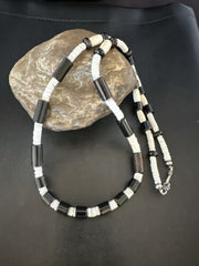Men's Navajo Black Onyx White Shell Necklace | Sterling Silver | 26" | Authentic Native American Handmade | 17583