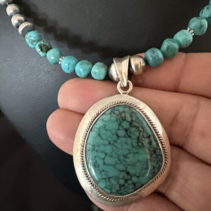 Men's Blue Spiderweb Turquoise Pendant Necklace | Navajo Sterling Silver | Authentic Native American Handmade | 17085