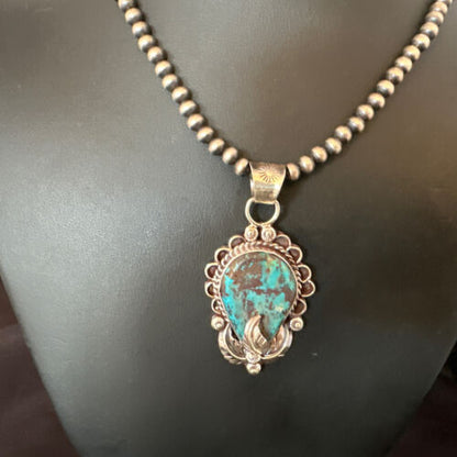 Navajo Blue Turquoise Pendant Necklace | Sterling Silver Pearls | Authentic Native American Handmade | 15644