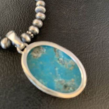 Navajo Blue Turquoise Pendant Necklace | Sterling Silver | Authentic Native American Handmade | 13867