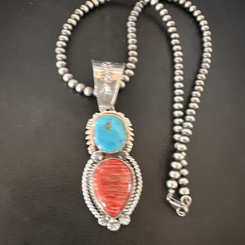 Navajo Blue Kingman Turquoise Spiny Pendant Necklace | Sterling Silver | Multi-Stone | 16824