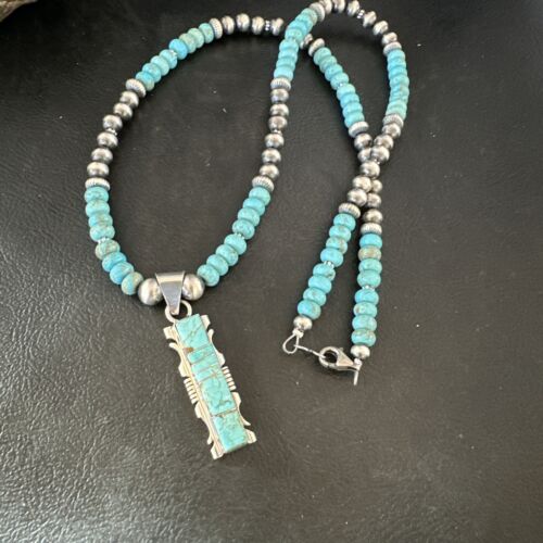 Men's and Women's Turquoise #8 Inlay Pendant Necklace | Navajo Sterling Silver | Authentic Native American Handmade | 17075