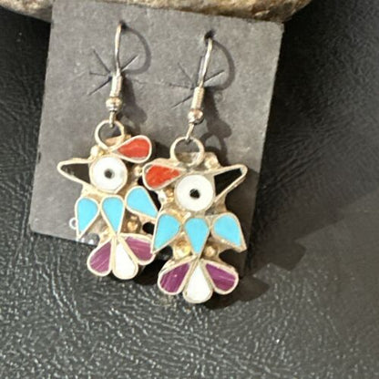 Zuni Peyote Bird Earrings | Coral Turquoise Onyx Inlay | Sterling Silver | 17137