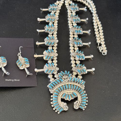 Zuni Turquoise Squash Blossom Necklace with Naja Earrings | Sterling Silver Needlepoint | 16540