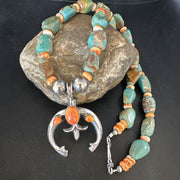 Men's Green Turquoise Spiny Oyster Naja Pendant Necklace | Navajo Sterling Silver | 22" | Authentic Native American Handmade | 15225