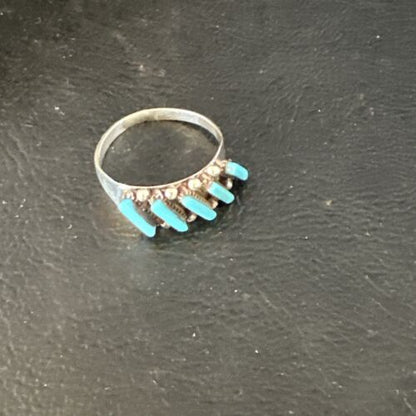 Zuni Blue Turquoise Needle Point Ring | Authentic Native American Sterling Silver | Multi-Stone | Sz 7.5 | 15399