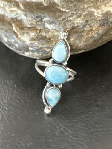 Navajo Women's Cluster Blue Larimar Multi-Stone Ring | Authentic Native American Sterling Silver | Sz 7 | 16162