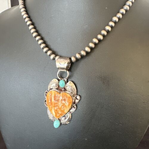 Navajo Spiny Oyster Heart Turquoise Pendant Necklace | Sterling Silver | Authentic Native American Handmade | 16456
