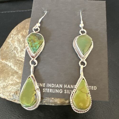 Navajo Green Royston Turquoise Dangle Earrings | Sterling Silver | Authentic Native American Handmade | 16490 - Masha USA