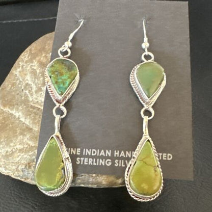 Navajo Green Royston Turquoise Dangle Earrings | Sterling Silver | Authentic Native American Handmade | 16490 - Masha USA