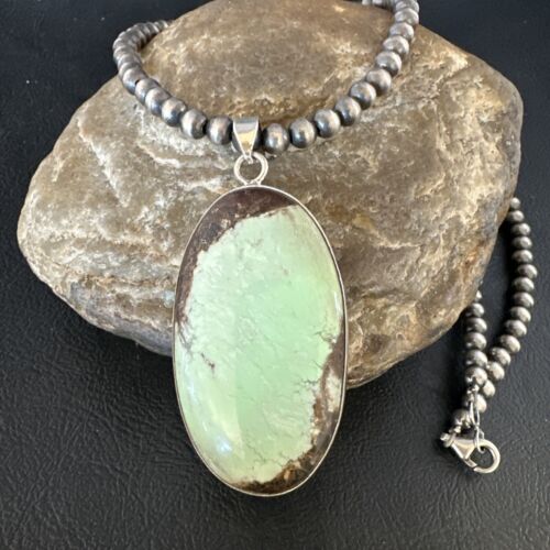 Navajo Green Gaspeite Pendant Necklace | Sterling Silver | Authentic Native American Handmade | 15485