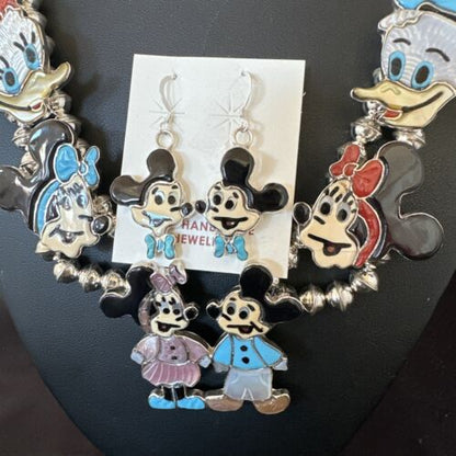 Disney Mickey Minnie Zuni Necklace Pendant | Sterling Silver Inlay | Authentic Native American Handmade | 16073