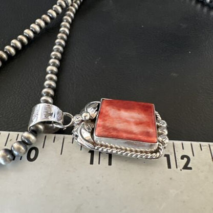 Navajo Red Spiny Oyster Pendant Necklace | Sterling Silver | Authentic Native American Handmade | 16147