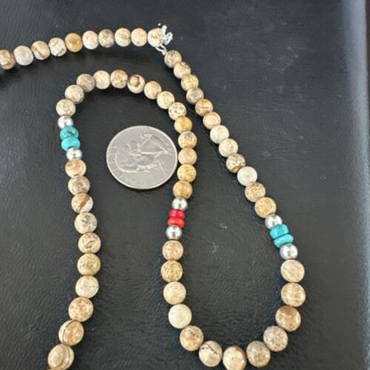 Navajo Turquoise Coral Picture Jasper Necklace | Sterling Silver | 24" | Authentic Native American Handmade | 17607
