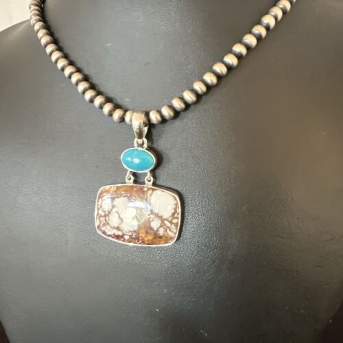 Men's Wild Horse Blue Kingman Turquoise Necklace | Sterling Silver SW Pendant | Multi-Stone | 17326