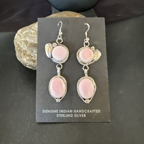 Navajo Pink Conch Shell Dangle Earrings | Sterling Silver | Authentic Native American Handmade | 17215