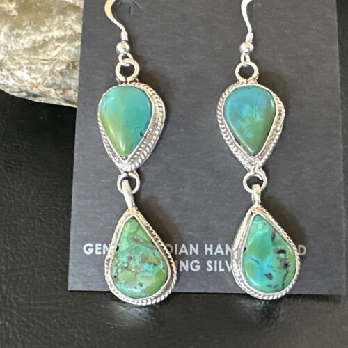 Navajo Green Royston Turquoise Dangle Earrings | Sterling Silver | Authentic Native American Handmade | 16494