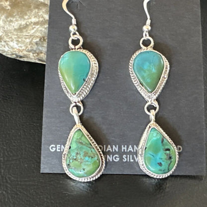 Navajo Green Royston Turquoise Dangle Earrings | Sterling Silver | Authentic Native American Handmade | 16494