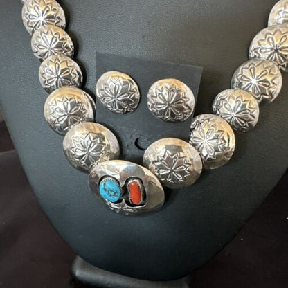 Navajo Coral Turquoise Necklace | Graduated Sterling Silver Pillow Stamped | 15636