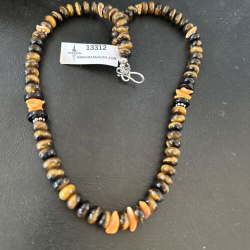 Navajo Tigers Eye Coral Necklace | Sterling Silver | 18" | Authentic Native American Handmade | 13312