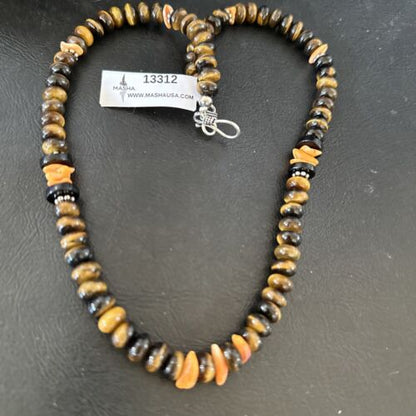 Navajo Tigers Eye Coral Necklace | Sterling Silver | 18" | Authentic Native American Handmade | 13312