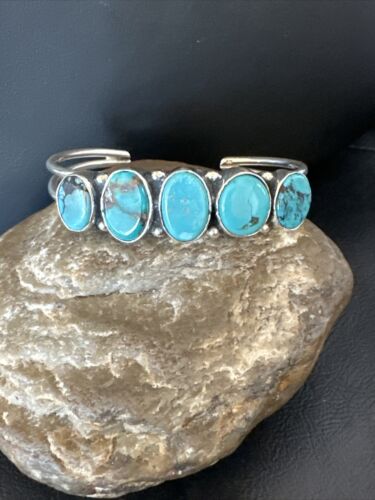 Navajo Blue Arizona Turquoise Cuff Bracelet | Sterling Silver | 5 Stone | Authentic Native American Handmade | 16277