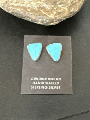 Navajo Blue Kingman Turquoise Post Stud Earrings | Sterling Silver | Authentic Native American Handmade | 17471