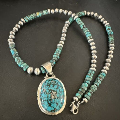 Navajo Men's Blue Spiderweb Turquoise Pendant Necklace | Sterling Silver | 17081