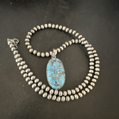 Navajo Blue Spiderweb Turquoise Pendant Necklace | Sterling Silver | Authentic Native American Handmade | 17026