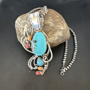 Navajo Kingman Turquoise | Spiny Oyster Necklace Pendant | Sterling Silver | Multi-Stone | 15950