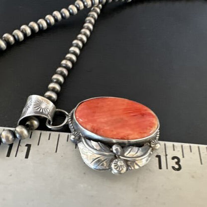 Navajo Red Spiny Oyster Pendant Necklace | Sterling Silver | Authentic Native American Handmade | 15633